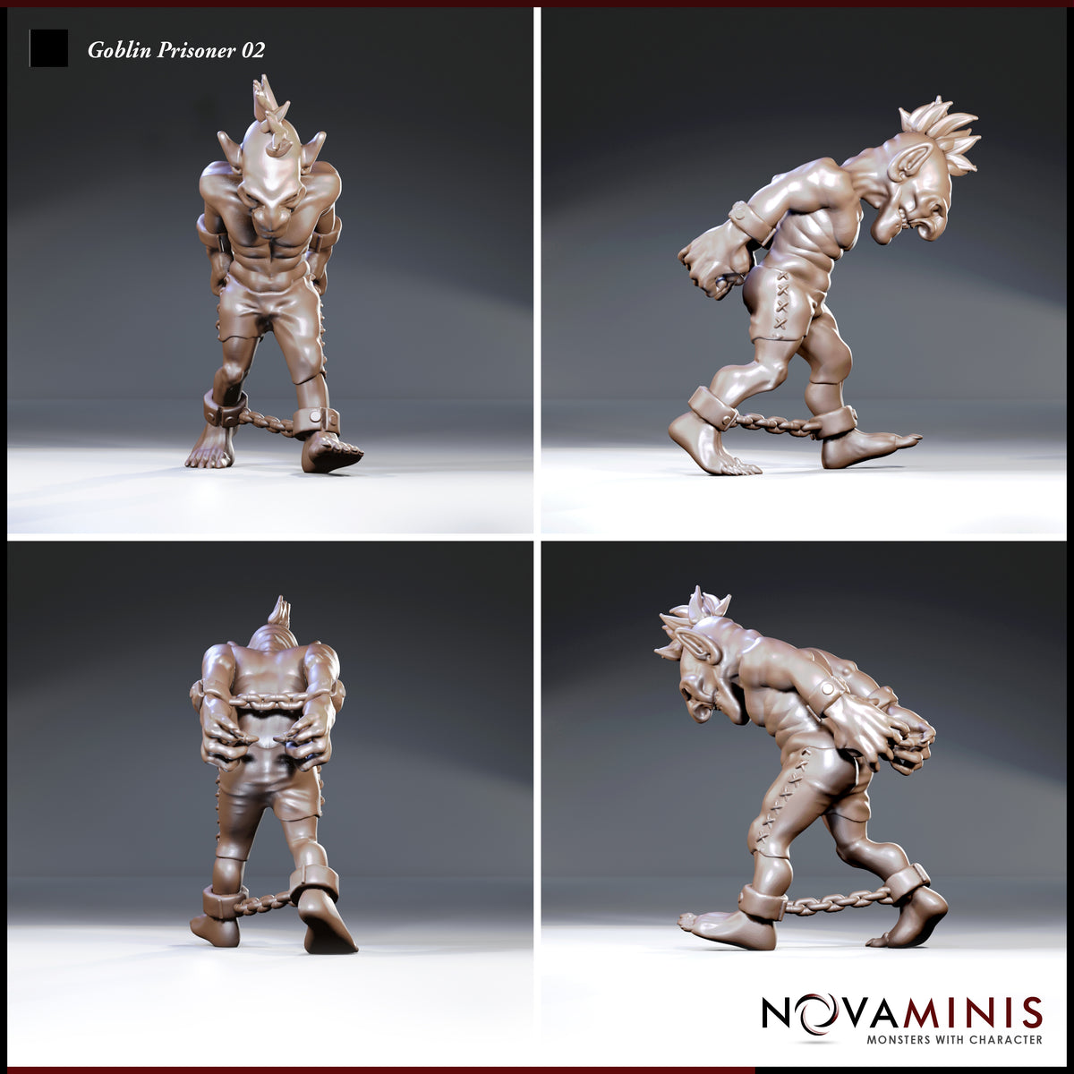 Goblin prisoner shown from four angles — front, side, rear and three-quarter — revealing the ankle chain, bound wrists, mohawk crest, and stitched leather breeches. Sculpt by Novaminis.