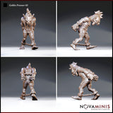 Goblin prisoner shown from four angles — front, side, rear and three-quarter — revealing the ankle chain, bound wrists, mohawk crest, and stitched leather breeches. Sculpt by Novaminis.