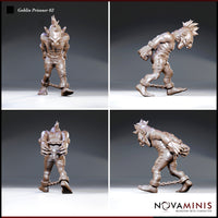 Goblin prisoner shown from four angles — front, side, rear and three-quarter — revealing the ankle chain, bound wrists, mohawk crest, and stitched leather breeches. Sculpt by Novaminis.