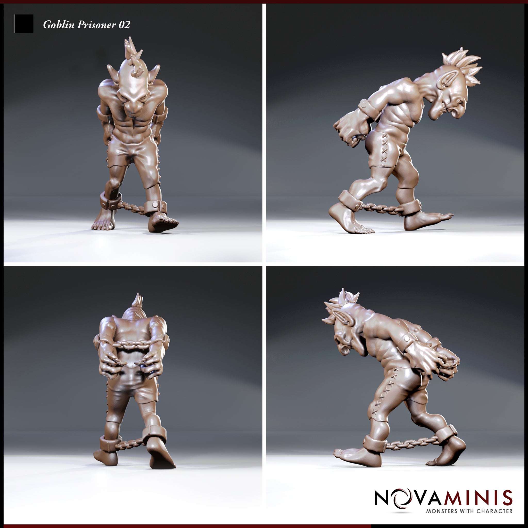 Goblin prisoner shown from four angles — front, side, rear and three-quarter — revealing the ankle chain, bound wrists, mohawk crest, and stitched leather breeches. Sculpt by Novaminis.