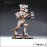 Snarling kobold in iron wrist and ankle shackles, clawed hands thrust forward in defiance, dorsal spines prominent, mouth wide open, by Novaminis.