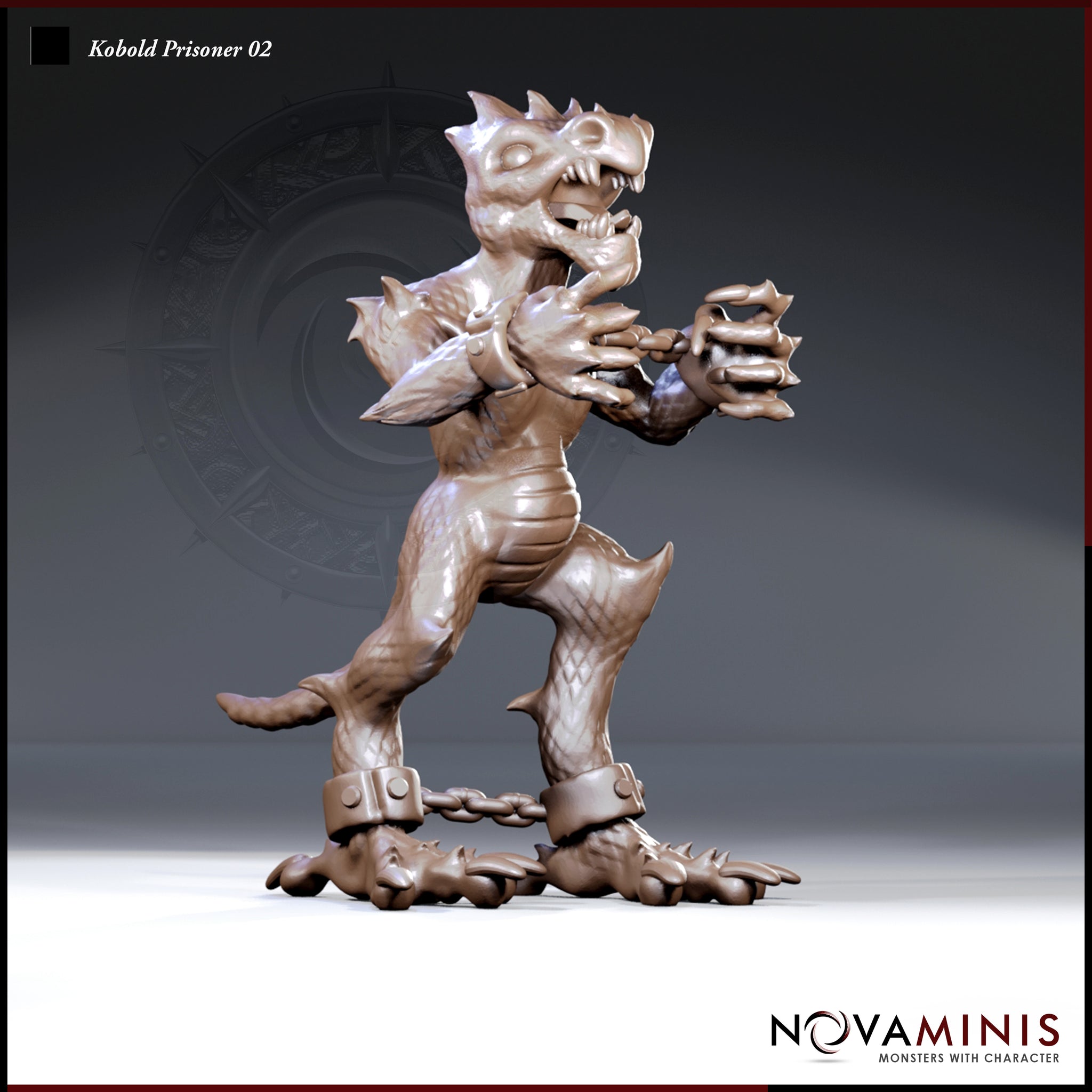 Snarling kobold in iron wrist and ankle shackles, clawed hands thrust forward in defiance, dorsal spines prominent, mouth wide open, by Novaminis.