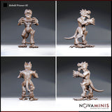 Kobold prisoner with chained manacles at wrists and ankles, shown from four angles — front, back, and both sides — revealing tail, spines, and open-jawed snarl, by Novaminis.