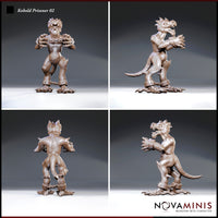 Kobold prisoner with chained manacles at wrists and ankles, shown from four angles — front, back, and both sides — revealing tail, spines, and open-jawed snarl, by Novaminis.