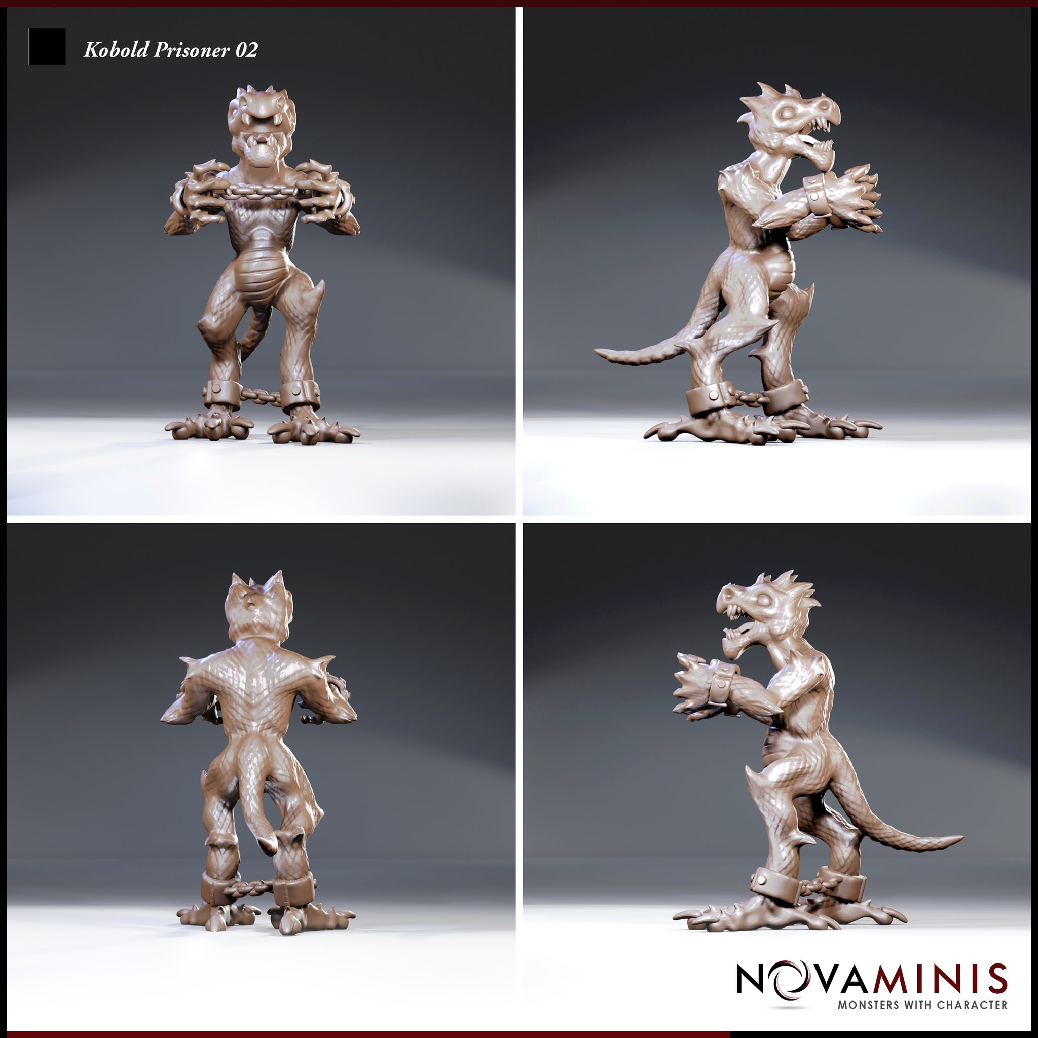 Kobold prisoner with chained manacles at wrists and ankles, shown from four angles — front, back, and both sides — revealing tail, spines, and open-jawed snarl, by Novaminis.