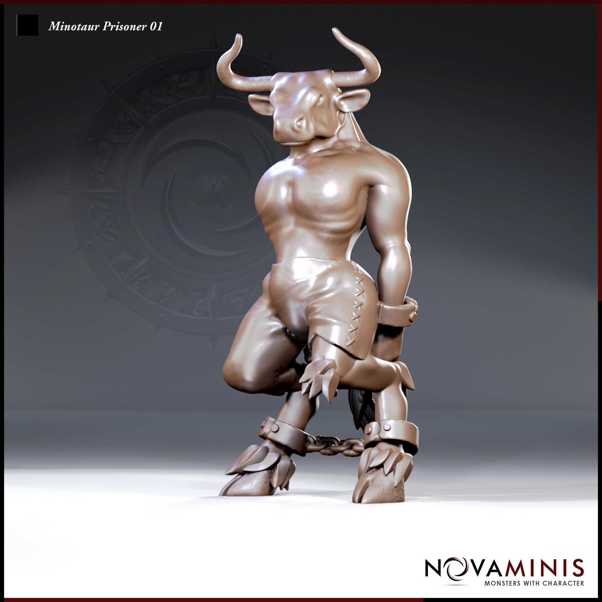 Kneeling minotaur with curling horns and bound wrists, wearing leather breeches and iron ankle shackles joined by a short chain. Sculpt by Novaminis.
