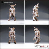 Minotaur kneeling with wrists secured behind its back, ankle manacles chained together, viewed from four angles showing broad muscular back and hooved feet. Novaminis.