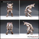 Minotaur Prisoner 02 by Novaminis shown from four angles — the front shows a sturdy chain between ankle cuffs, rear view reveals back musculature, side profiles show the coiled crouching pose and turned bull head.
