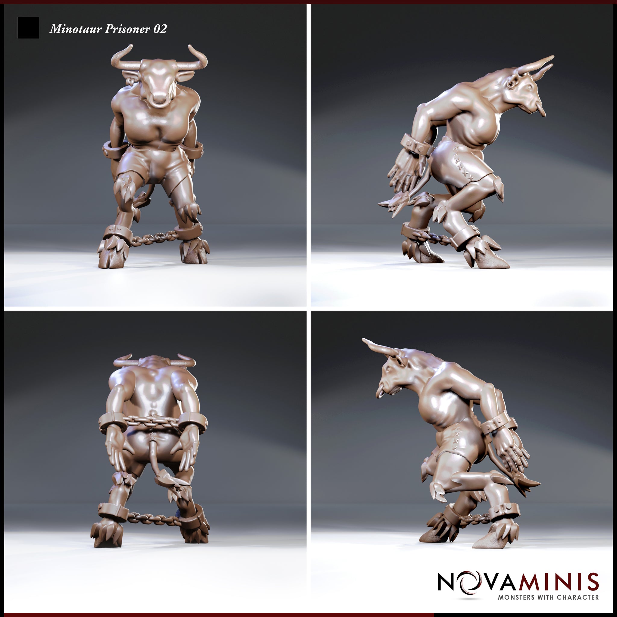 Minotaur Prisoner 02 by Novaminis shown from four angles — the front shows a sturdy chain between ankle cuffs, rear view reveals back musculature, side profiles show the coiled crouching pose and turned bull head.