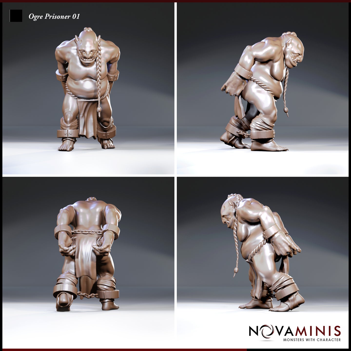 Ogre prisoner viewed from multiple angles showing heavy chain binding the wrists behind the back, riveted ankle shackles, rope coiled around the torso, and a low grimacing expression. Sculpt by Novaminis.