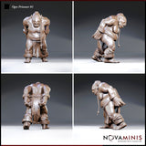 Ogre prisoner viewed from multiple angles showing heavy chain binding the wrists behind the back, riveted ankle shackles, rope coiled around the torso, and a low grimacing expression. Sculpt by Novaminis.