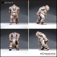 Ogre prisoner viewed from multiple angles showing heavy chain binding the wrists behind the back, riveted ankle shackles, rope coiled around the torso, and a low grimacing expression. Sculpt by Novaminis.