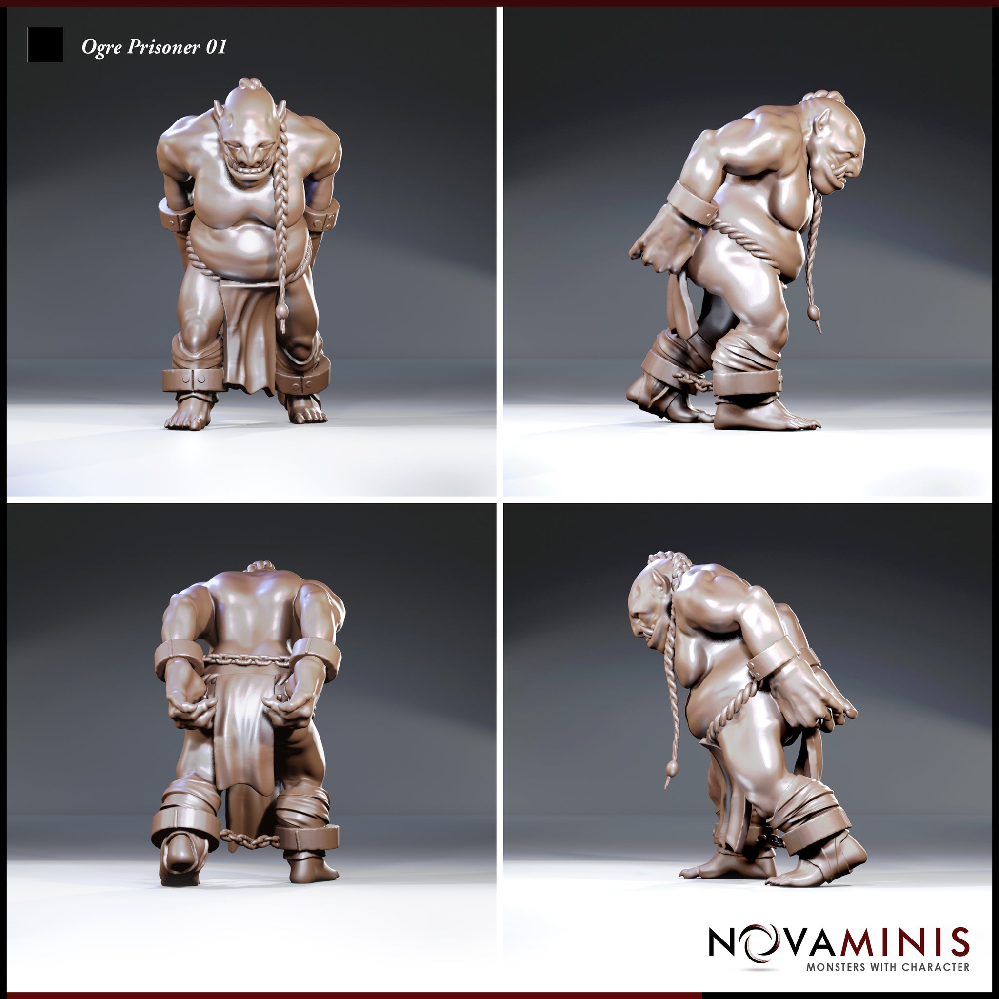 Ogre prisoner viewed from multiple angles showing heavy chain binding the wrists behind the back, riveted ankle shackles, rope coiled around the torso, and a low grimacing expression. Sculpt by Novaminis.