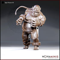 Snarling ogre miniature striding forward, wrists bound by a looped chain, iron shackle on one ankle, braided topknot, bare-chested with laced hide trousers. Sculpt by Novaminis.