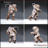 Ogre prisoner miniature shown from four angles: front, both sides and rear, revealing braided topknot, chain across torso, ankle shackle, and laced hide trousers. Sculpt by Novaminis.
