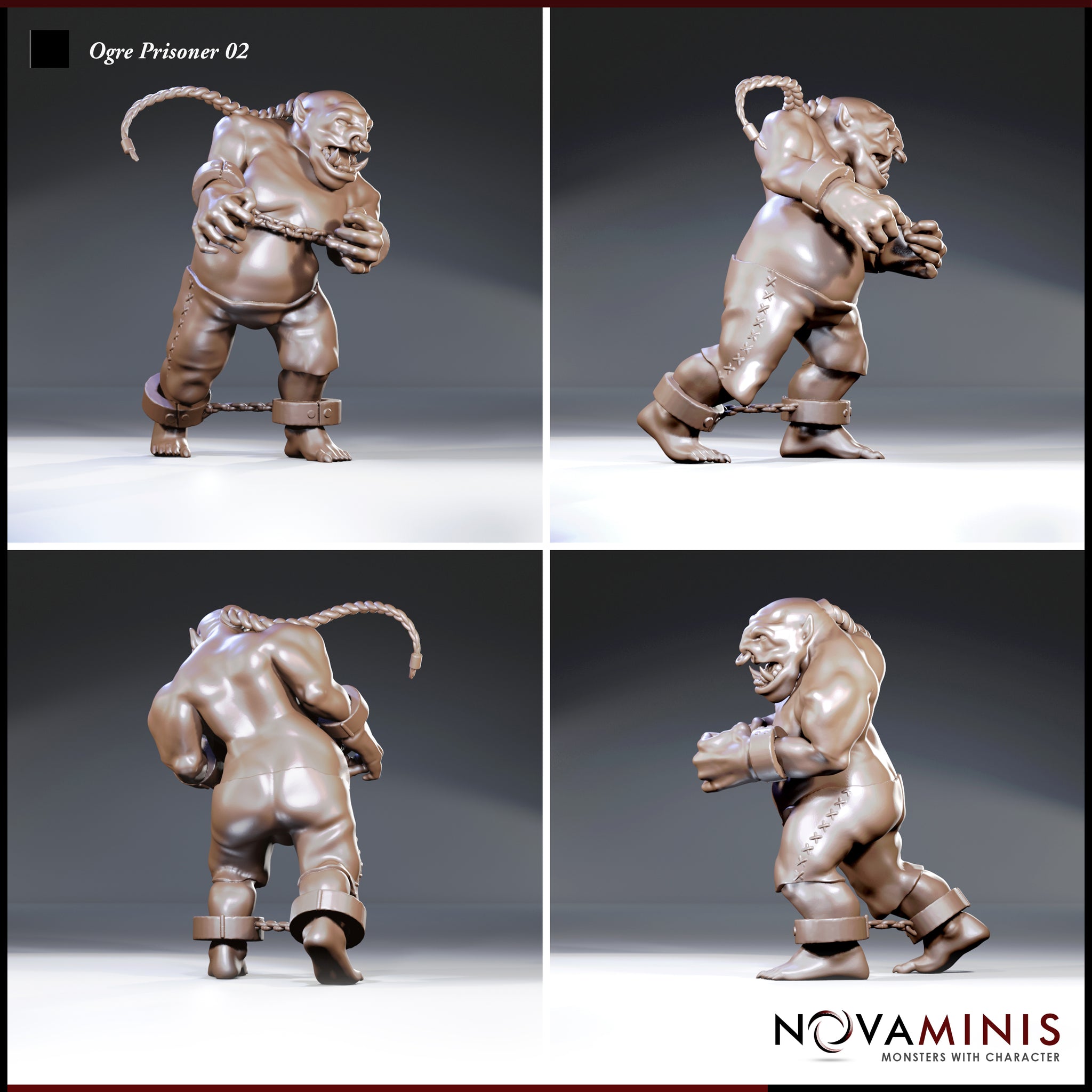 Ogre prisoner miniature shown from four angles: front, both sides and rear, revealing braided topknot, chain across torso, ankle shackle, and laced hide trousers. Sculpt by Novaminis.