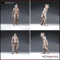 Troll prisoner sculpt seen from multiple angles — front, rear, and both sides — showing chain detail between ankle shackles, stitched leather trousers, bare torso, and spiked hair. Sculpt by Novaminis.