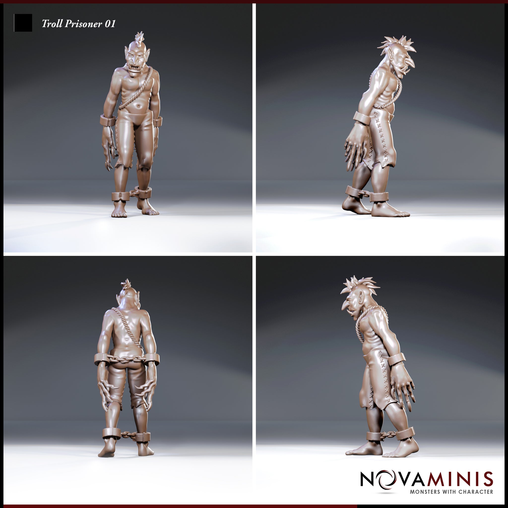 Troll prisoner sculpt seen from multiple angles — front, rear, and both sides — showing chain detail between ankle shackles, stitched leather trousers, bare torso, and spiked hair. Sculpt by Novaminis.
