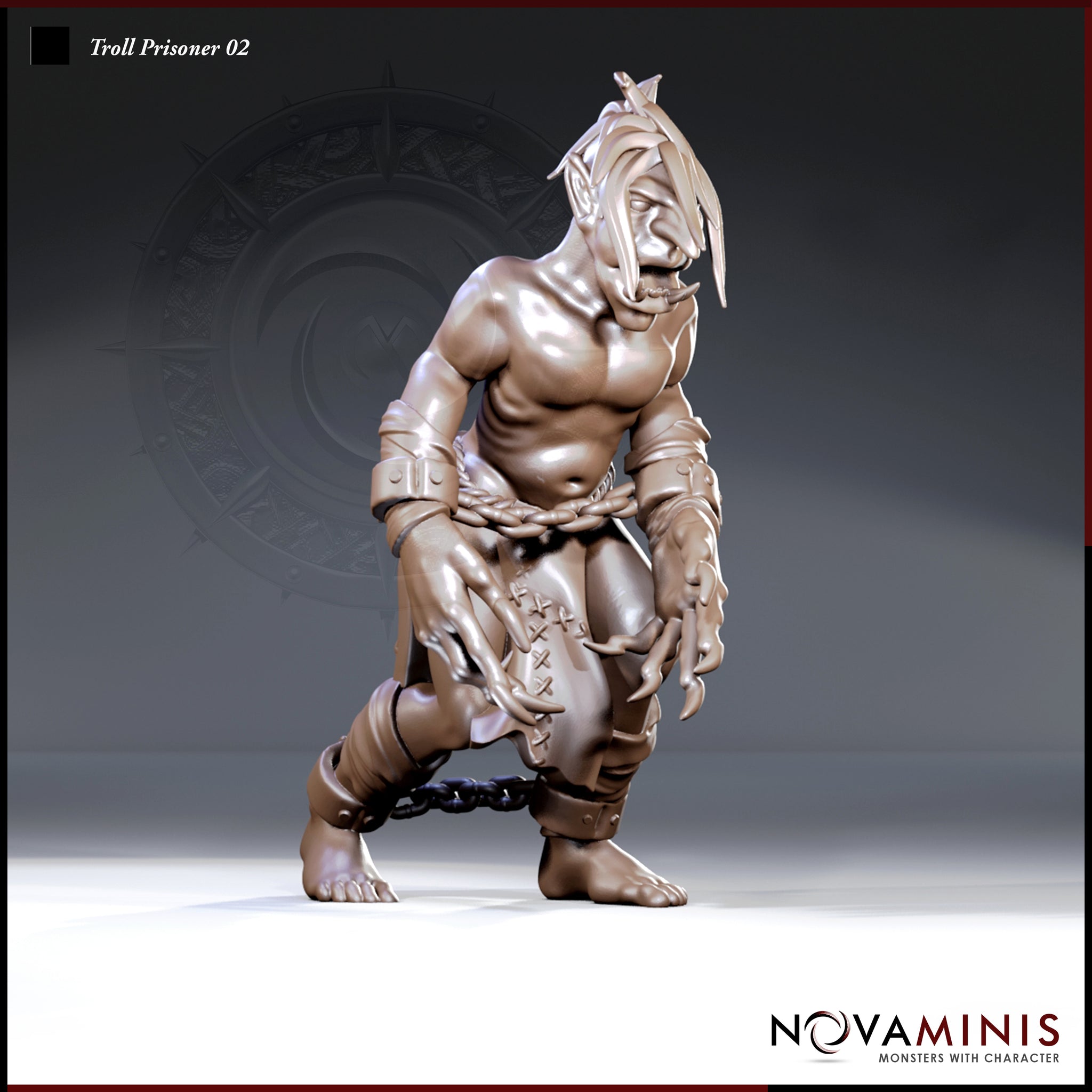 Crouching troll with shackled ankles and wrists bound by chain, bare torso, lank hair, splayed claws, wearing a rough stitched hide loincloth. Sculpt by Novaminis.