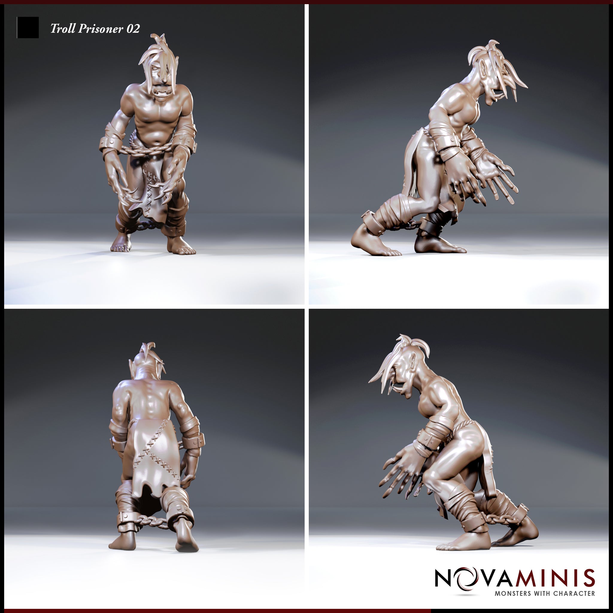 Chained troll prisoner crouching low, head angled down with a calculating expression, clawed hands spread wide, leather-wrapped forearms and lower legs. Sculpt by Novaminis.
