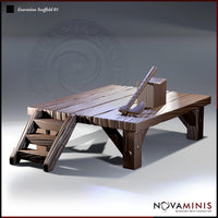 Raised wooden execution platform with plank-top deck, cross-braced legs, and a side staircase. A chopping block and hand axe sit on the platform surface. Sculpt by Novaminis.