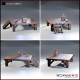 Execution scaffold viewed from multiple angles showing plank grain texture, braced underframe, lateral staircase, and the chopping block with hand axe on the deck. Sculpt by Novaminis.