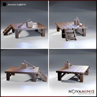 Execution scaffold viewed from multiple angles showing plank grain texture, braced underframe, lateral staircase, and the chopping block with hand axe on the deck. Sculpt by Novaminis.