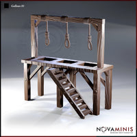 Three-noose gallows terrain piece with a raised wooden platform, three trapdoor openings, coiled rope nooses hung from a crossbeam, and a side staircase. Deep wood-grain texture throughout. Sculpt by Novaminis.