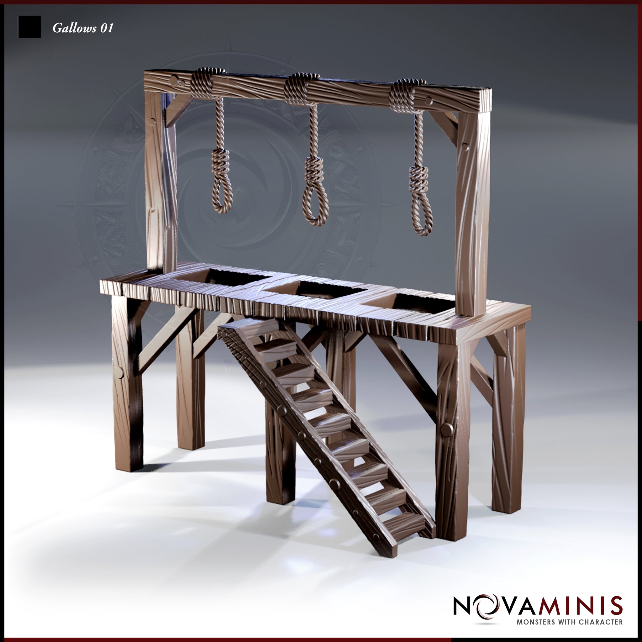 Three-noose gallows terrain piece with a raised wooden platform, three trapdoor openings, coiled rope nooses hung from a crossbeam, and a side staircase. Deep wood-grain texture throughout. Sculpt by Novaminis.