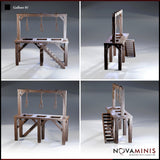 Four-angle view of the Novaminis gallows terrain showing the crossbeam with three knotted nooses, the slatted platform with trapdoors, diagonal support bracing on the legs, and the stepped access staircase from multiple directions.