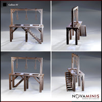 Four-angle view of the Novaminis gallows terrain showing the crossbeam with three knotted nooses, the slatted platform with trapdoors, diagonal support bracing on the legs, and the stepped access staircase from multiple directions.