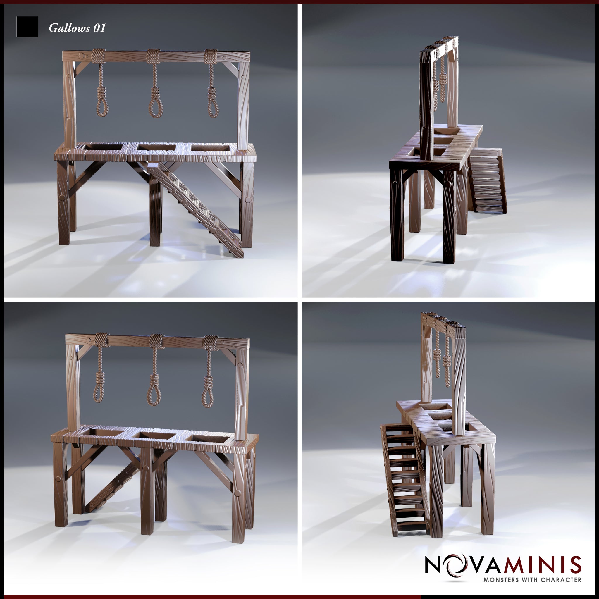 Four-angle view of the Novaminis gallows terrain showing the crossbeam with three knotted nooses, the slatted platform with trapdoors, diagonal support bracing on the legs, and the stepped access staircase from multiple directions.