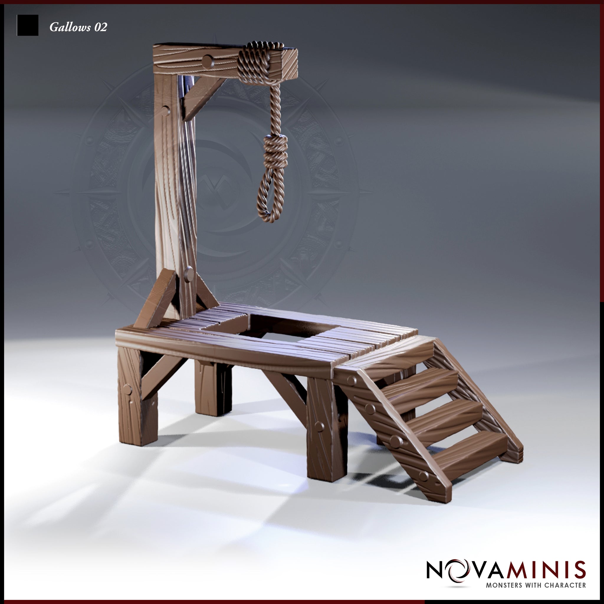 Wooden gallows terrain piece with raised platform, trapdoor, four-step side staircase, upright post, crossbeam, and a detailed knotted hemp noose hanging from the beam. Sculpt by Novaminis.
