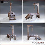 Four-angle composite view of the Novaminis gallows terrain piece showing the trapdoor platform, side staircase, and hanging noose from front, rear, left and right aspects. Sculpt by Novaminis.