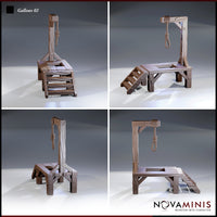 Four-angle composite view of the Novaminis gallows terrain piece showing the trapdoor platform, side staircase, and hanging noose from front, rear, left and right aspects. Sculpt by Novaminis.