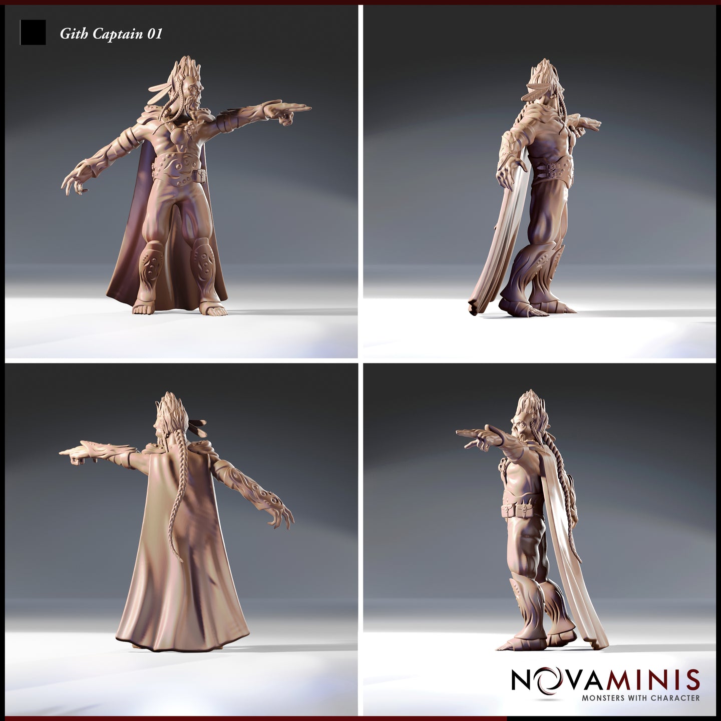 Four-angle view of Gith Captain 01 by Novaminis showing front, back, and side profiles — highlighting the long braided locs, dramatic sweeping cape, detailed Githyanki bracers and knee guard motifs, and outstretched pointing arm. Digital render, unpainted.