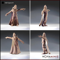 Four-angle view of Gith Captain 01 by Novaminis showing front, back, and side profiles — highlighting the long braided locs, dramatic sweeping cape, detailed Githyanki bracers and knee guard motifs, and outstretched pointing arm. Digital render, unpainted.