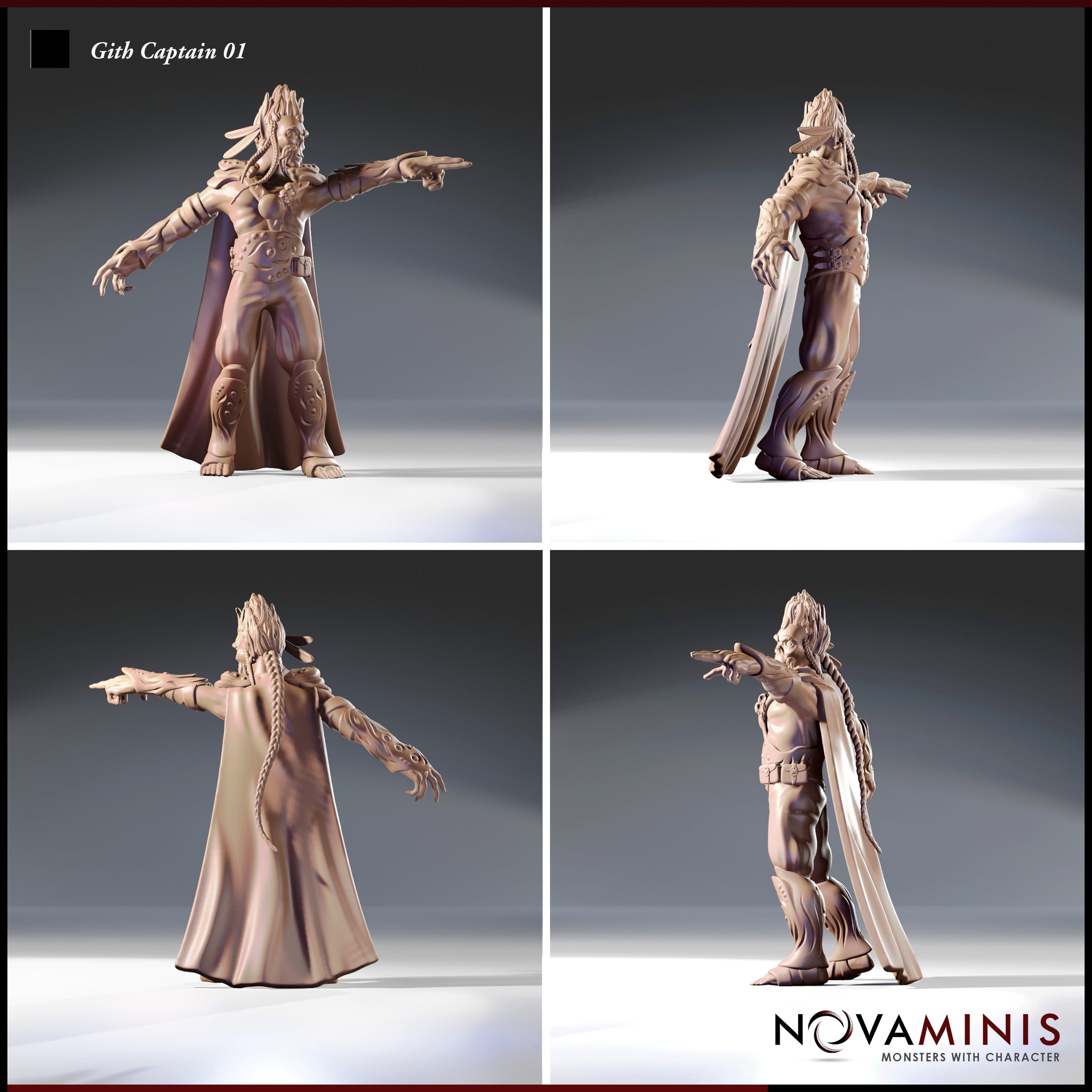 Four-angle view of Gith Captain 01 by Novaminis showing front, back, and side profiles — highlighting the long braided locs, dramatic sweeping cape, detailed Githyanki bracers and knee guard motifs, and outstretched pointing arm. Digital render, unpainted.