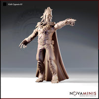 Front view of Gith Captain 01 — a tall, lean Githyanki warrior in a commanding pose with one arm extended and finger pointing, wearing ornate bracers, studded belt, and knee guards, with wild upswept hair and a long flowing cape. Digital render by Novaminis, unpainted.