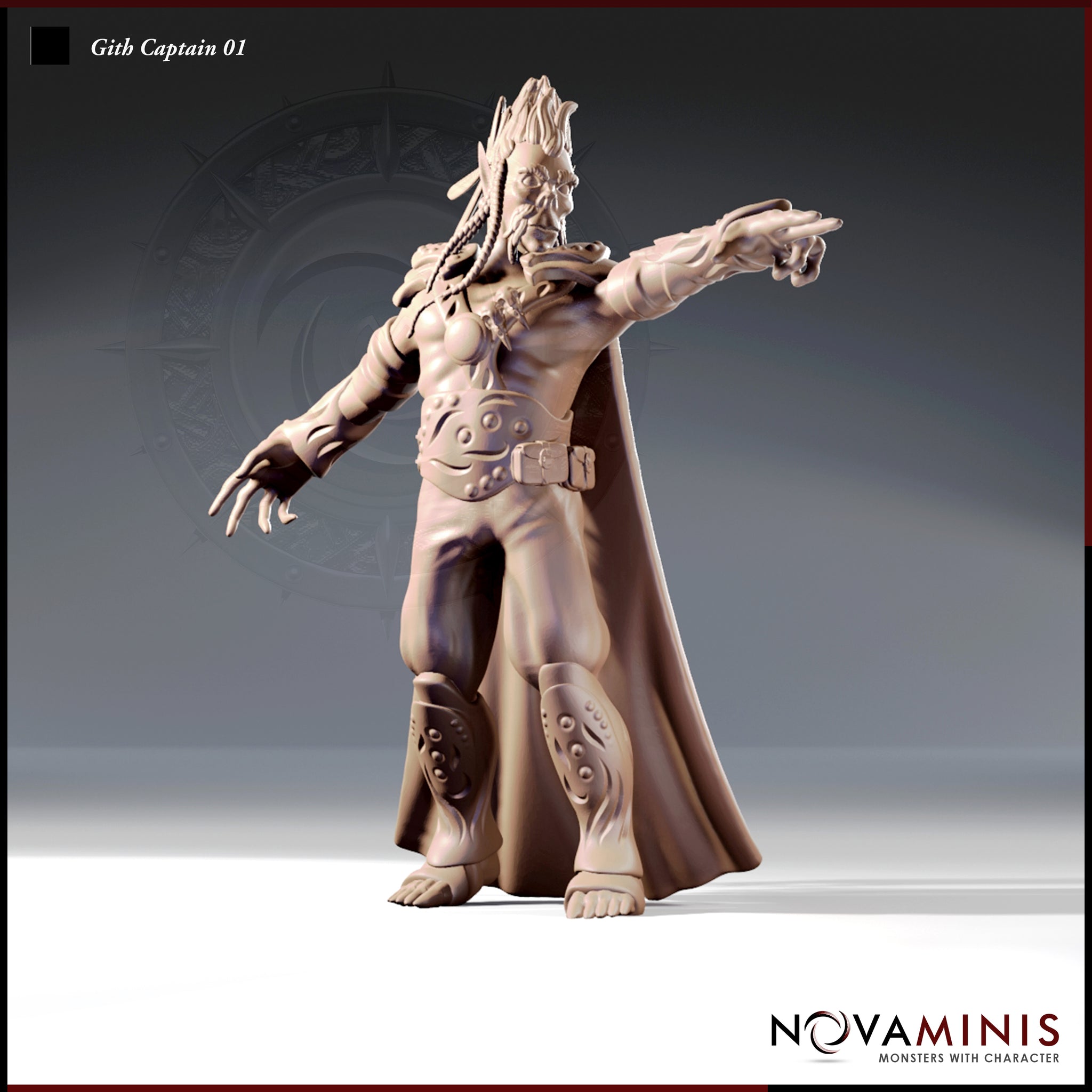 Front view of Gith Captain 01 — a tall, lean Githyanki warrior in a commanding pose with one arm extended and finger pointing, wearing ornate bracers, studded belt, and knee guards, with wild upswept hair and a long flowing cape. Digital render by Novaminis, unpainted.