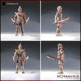 Four-angle digital render sheet of Gith Warrior 01 showing front, three-quarter, rear, and side views — revealing the swept spine crest, feathered back adornments, dual blades, and the full extent of the body markings and segmented leg armour.