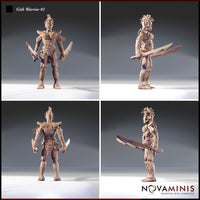 Four-angle digital render sheet of Gith Warrior 01 showing front, three-quarter, rear, and side views — revealing the swept spine crest, feathered back adornments, dual blades, and the full extent of the body markings and segmented leg armour.
