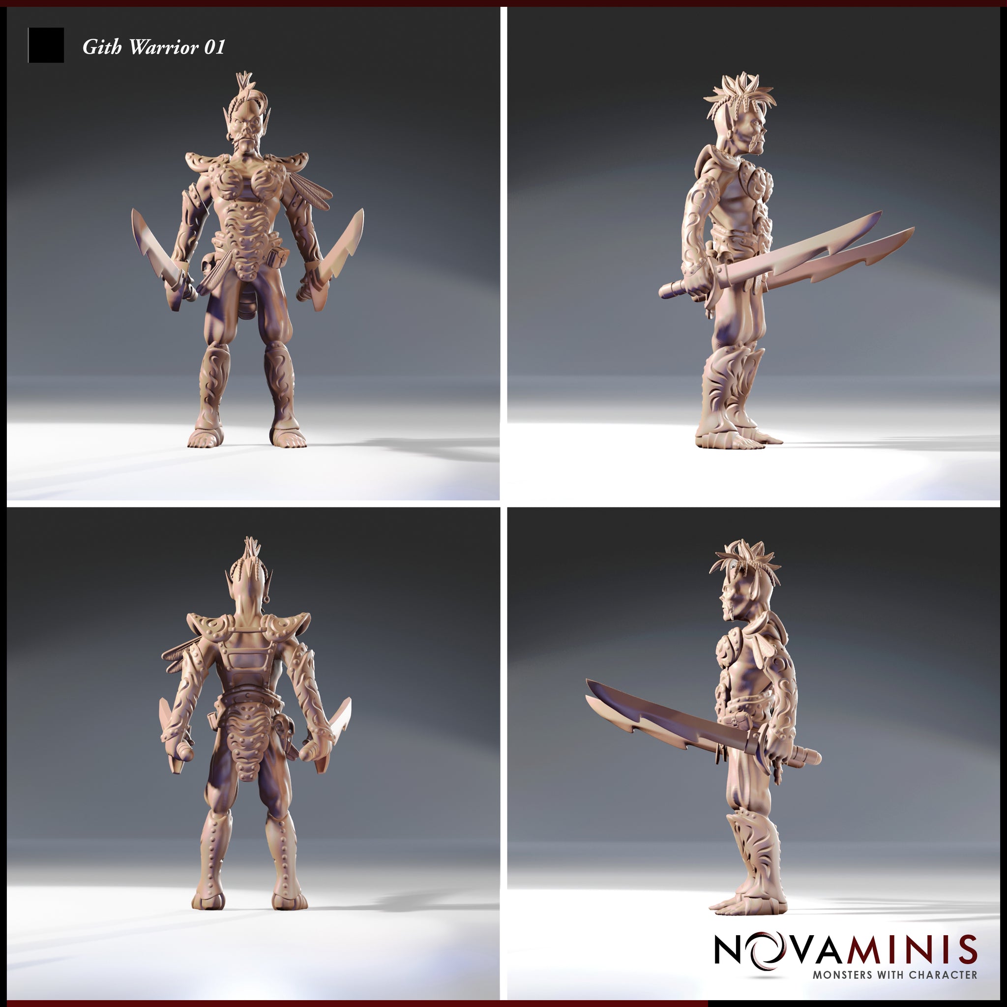 Four-angle digital render sheet of Gith Warrior 01 showing front, three-quarter, rear, and side views — revealing the swept spine crest, feathered back adornments, dual blades, and the full extent of the body markings and segmented leg armour.