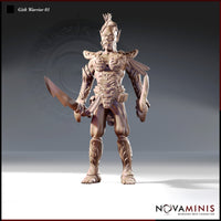 Front-facing digital render of Gith Warrior 01 — a lean, crested humanoid warrior in a wide combat stance holding a broad-bladed sword and a dagger, with feathered shoulder adornments and ritual markings across the torso. Novaminis sculpt, unpainted resin render.