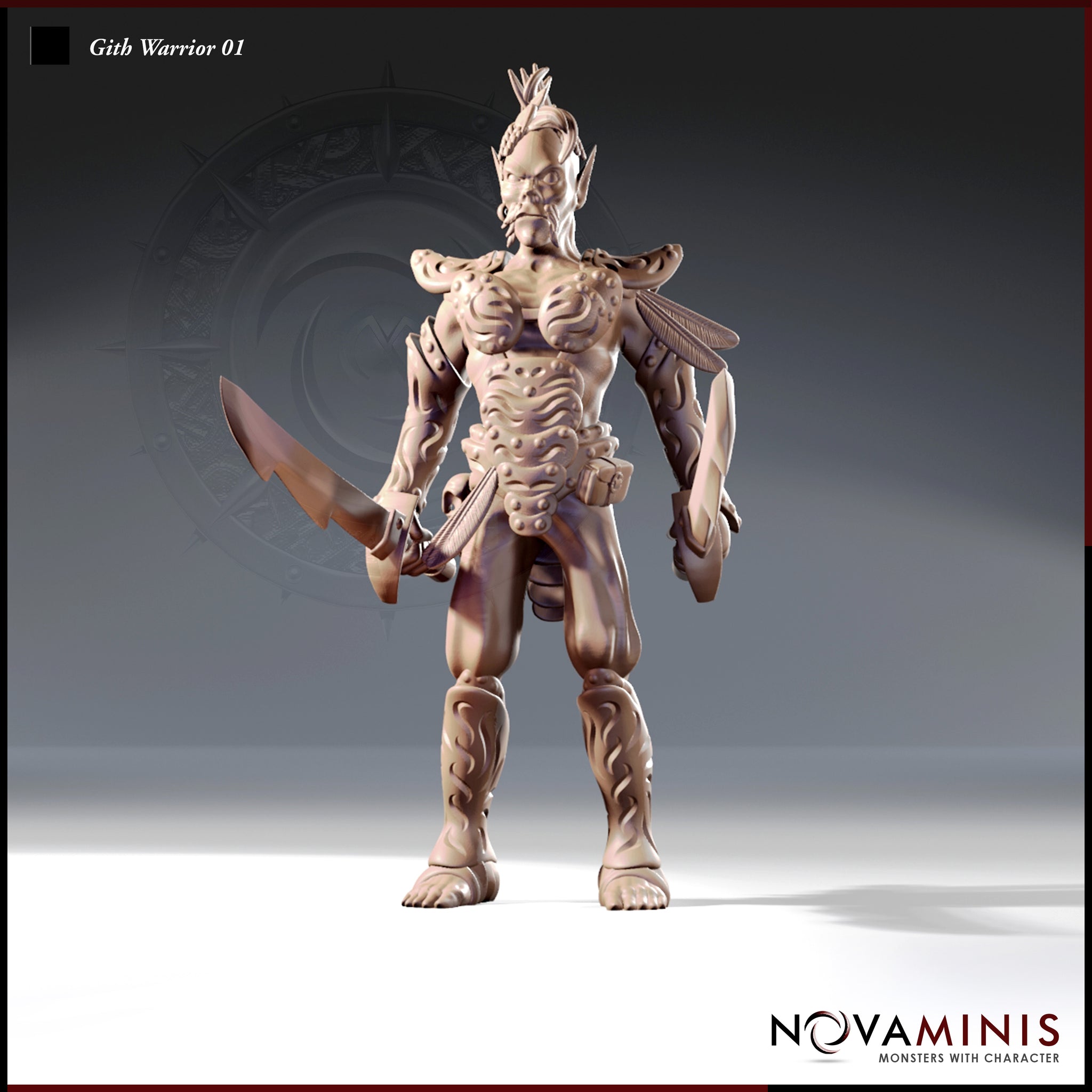 Front-facing digital render of Gith Warrior 01 — a lean, crested humanoid warrior in a wide combat stance holding a broad-bladed sword and a dagger, with feathered shoulder adornments and ritual markings across the torso. Novaminis sculpt, unpainted resin render.