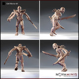 Four-angle turnaround render of Gith Warrior 02 by Novaminis showing front, side, back, and three-quarter views — highlighting the detailed bare musculature, ornate carved shoulder armour, dual blades, and the characterful Githyanki face with elongated skull and pointed ears