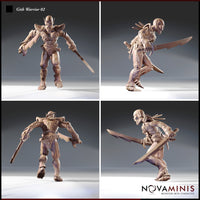Four-angle turnaround render of Gith Warrior 02 by Novaminis showing front, side, back, and three-quarter views — highlighting the detailed bare musculature, ornate carved shoulder armour, dual blades, and the characterful Githyanki face with elongated skull and pointed ears