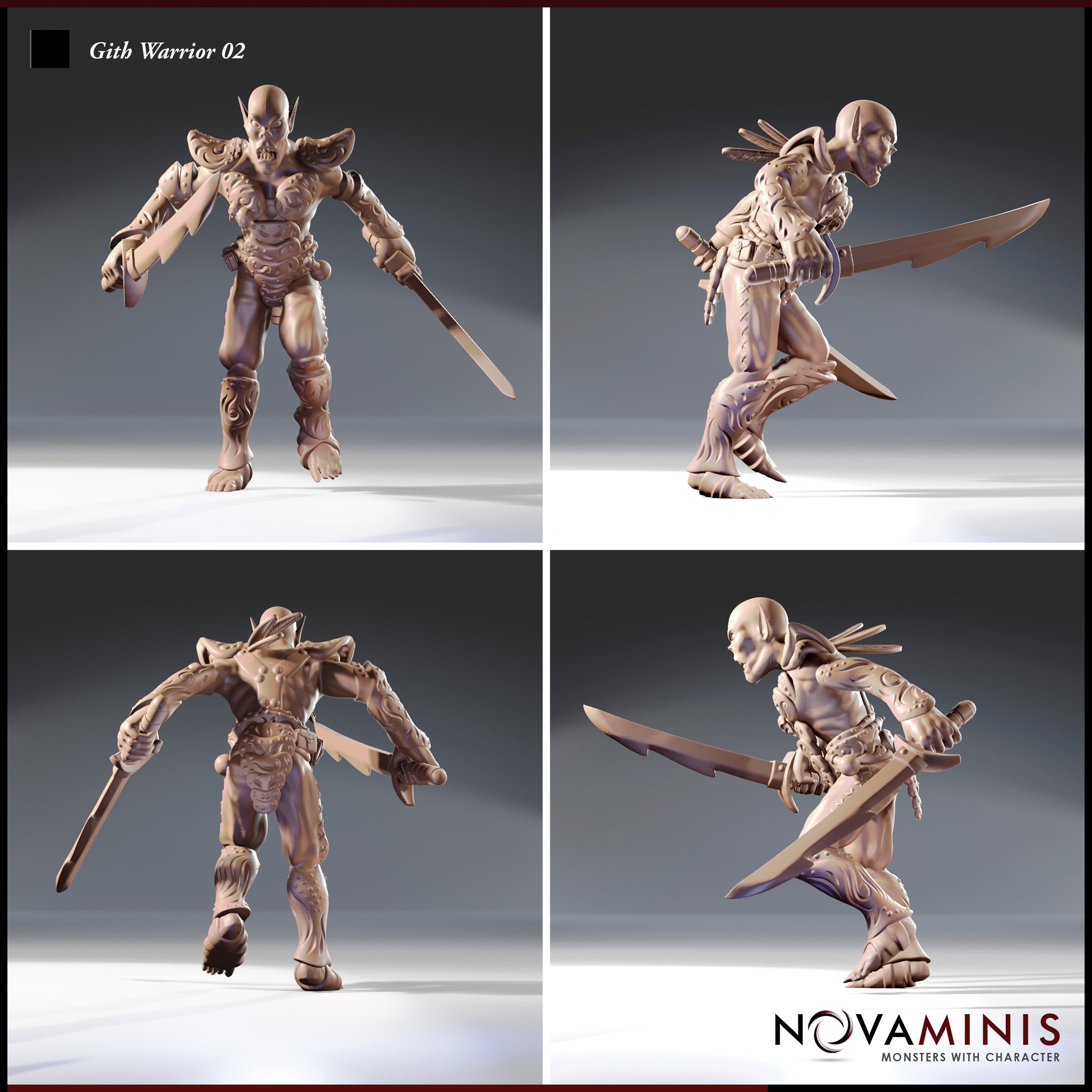Four-angle turnaround render of Gith Warrior 02 by Novaminis showing front, side, back, and three-quarter views — highlighting the detailed bare musculature, ornate carved shoulder armour, dual blades, and the characterful Githyanki face with elongated skull and pointed ears
