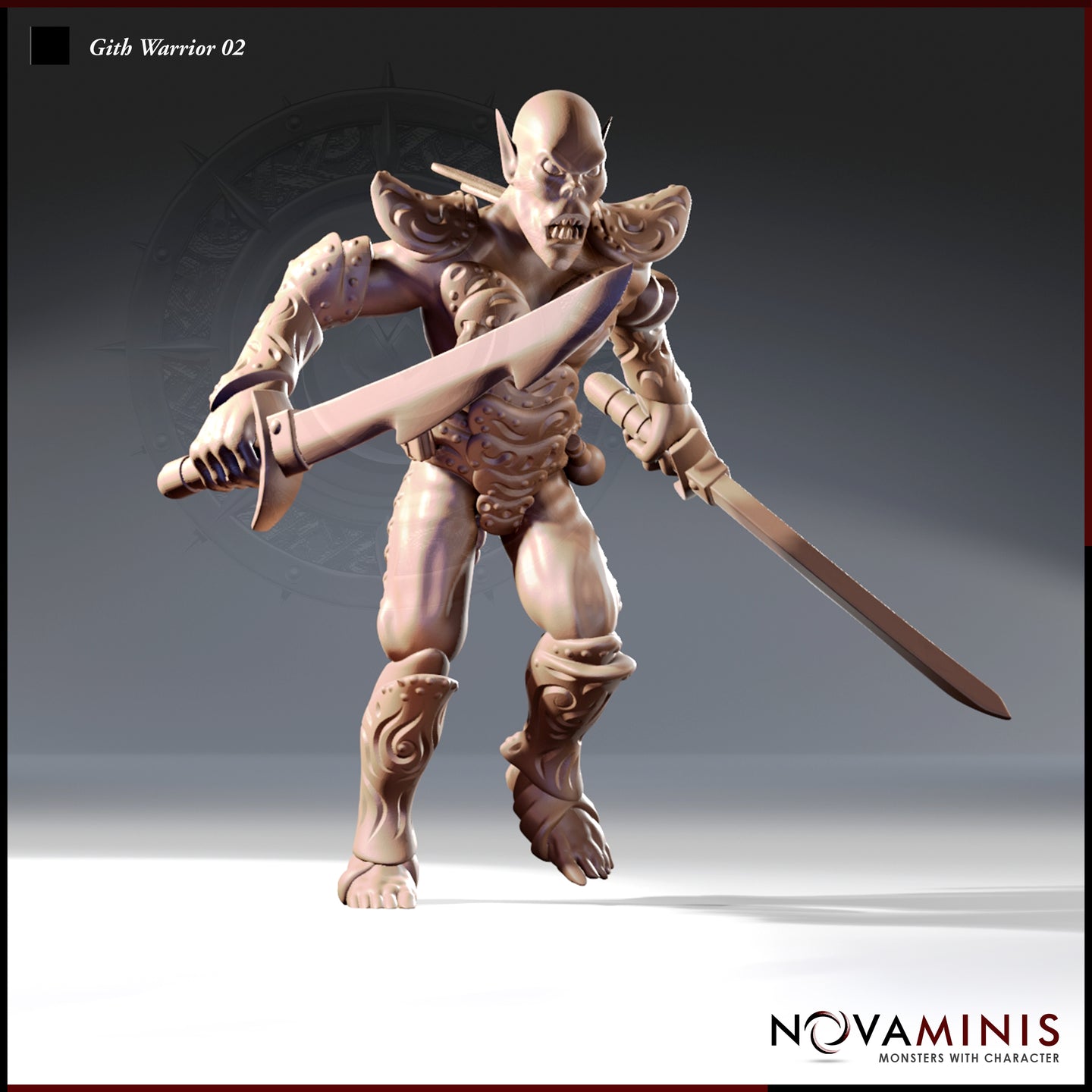 32mm resin render of Gith Warrior 02 by Novaminis — a bare-resin Githyanki soldier in a forward-lunging stance, wielding a broad sword across the body and a short blade in the off-hand, wearing ornate curved pauldrons with mask carvings, swirling greaves and bracers, and baring teeth in an aggressive snarl