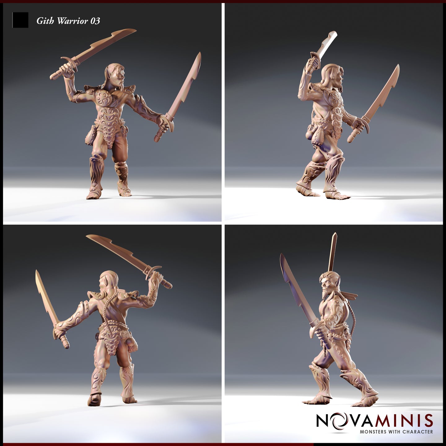 Four-angle turnaround render of the unpainted Gith Warrior 03 resin miniature by Novaminis — showing front, back, left, and right views of the dual-wielding Githyanki fighter with ornate shoulder armour, scrollwork greaves, braided hip detail, and raised twin blades in an attacking pose, 32mm scale